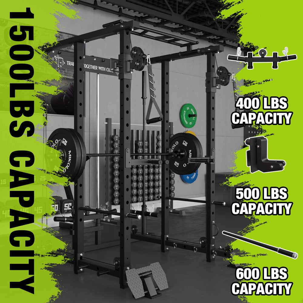 Power Rack Cage, 1500LBS Weight Cage with 800LB Capacity Adjustable Weight Bench, Multi-Function Workout Rack Cage with Storage System, J-Hook, Band Peg, Battle Rope Ring Home Gym